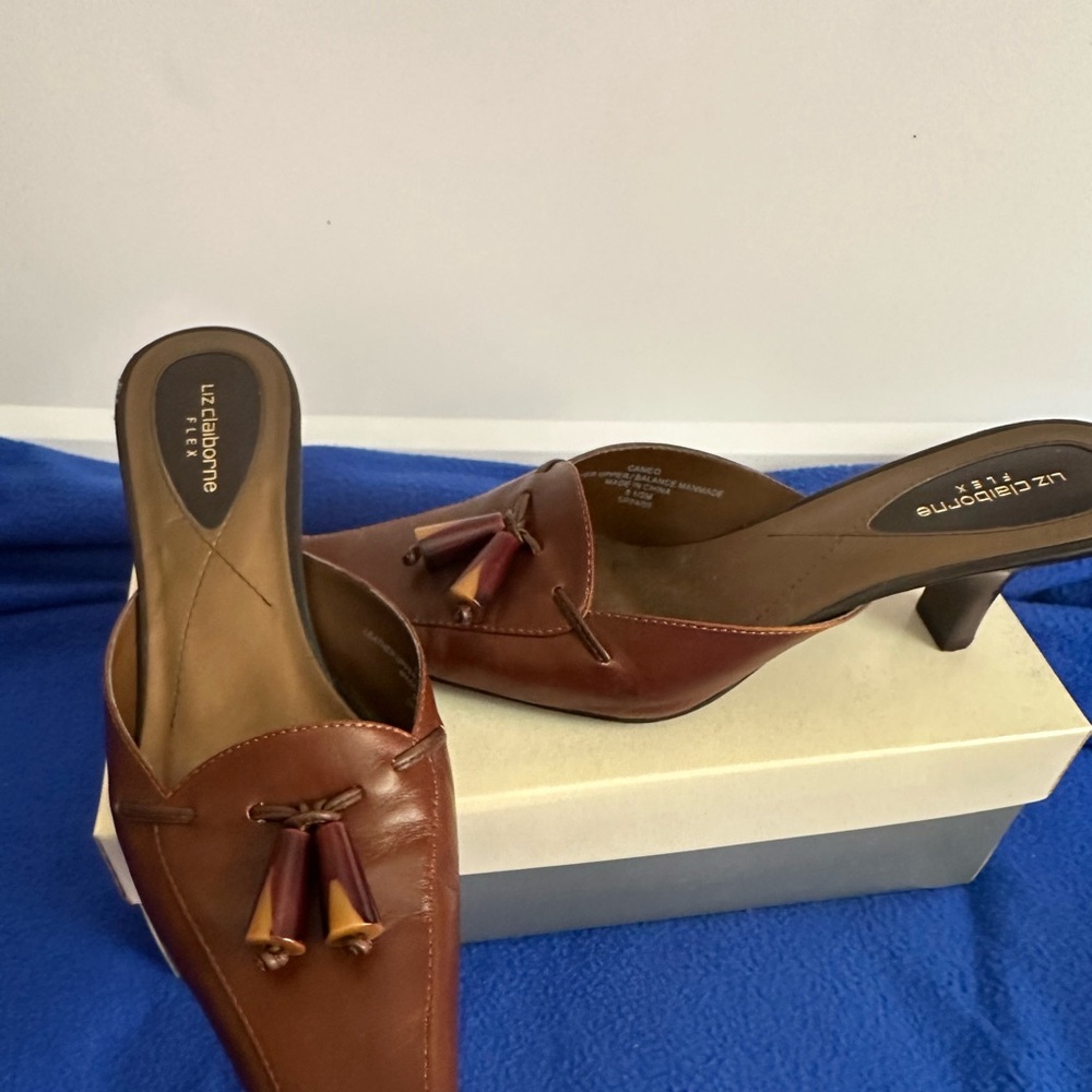 Liz Claiborne Brown Leather Mules with Tassel Detail